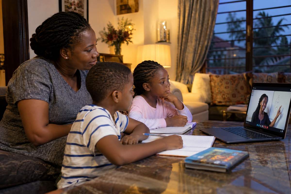 A mother and her two children attending a Imo Virtual Academy class online from home